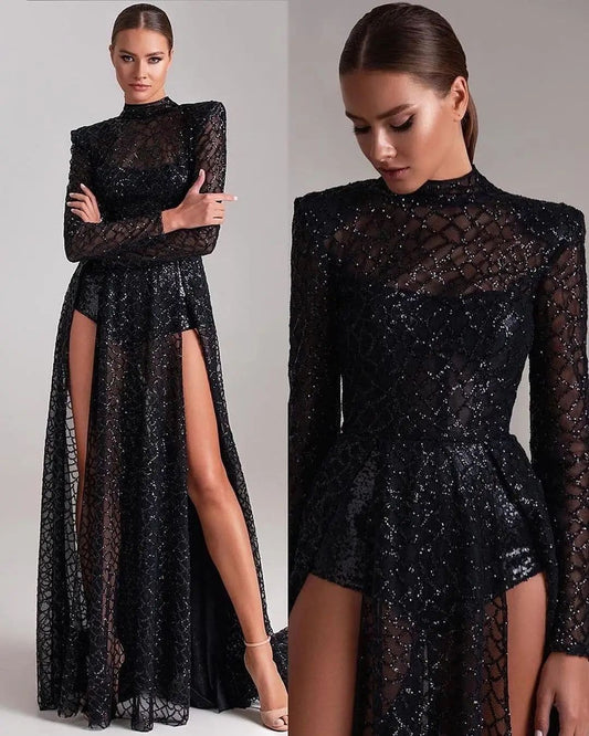 Unique High Neckline Side Slit Long Sleeves Black Prom Formal Dress QP2594