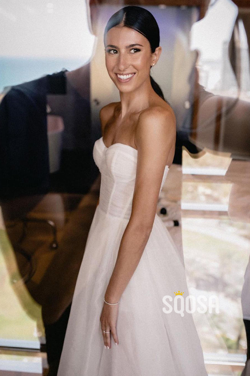 A-line Sweetheart Tulle Wedding Dress High Split Bridal Gown QW2704|SQOSA