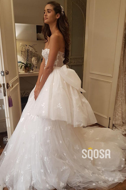 Unique Strapless Tulle Appliques A-line Wedding Dress QW2687|SQOSA