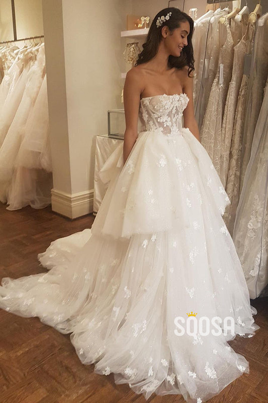 Unique Strapless Tulle Appliques A-line Wedding Dress QW2687|SQOSA