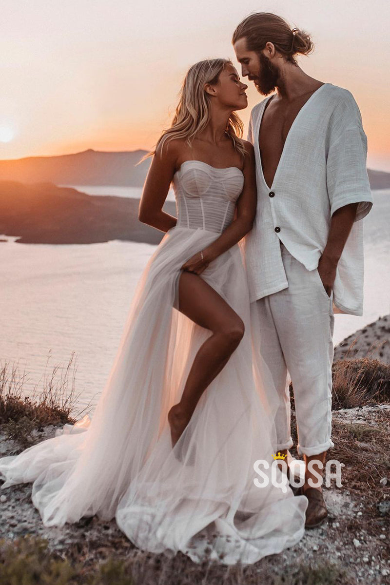 A-line Sweetheart Tulle High Split Bohemian Wedding Dress QW2684|SQOSA