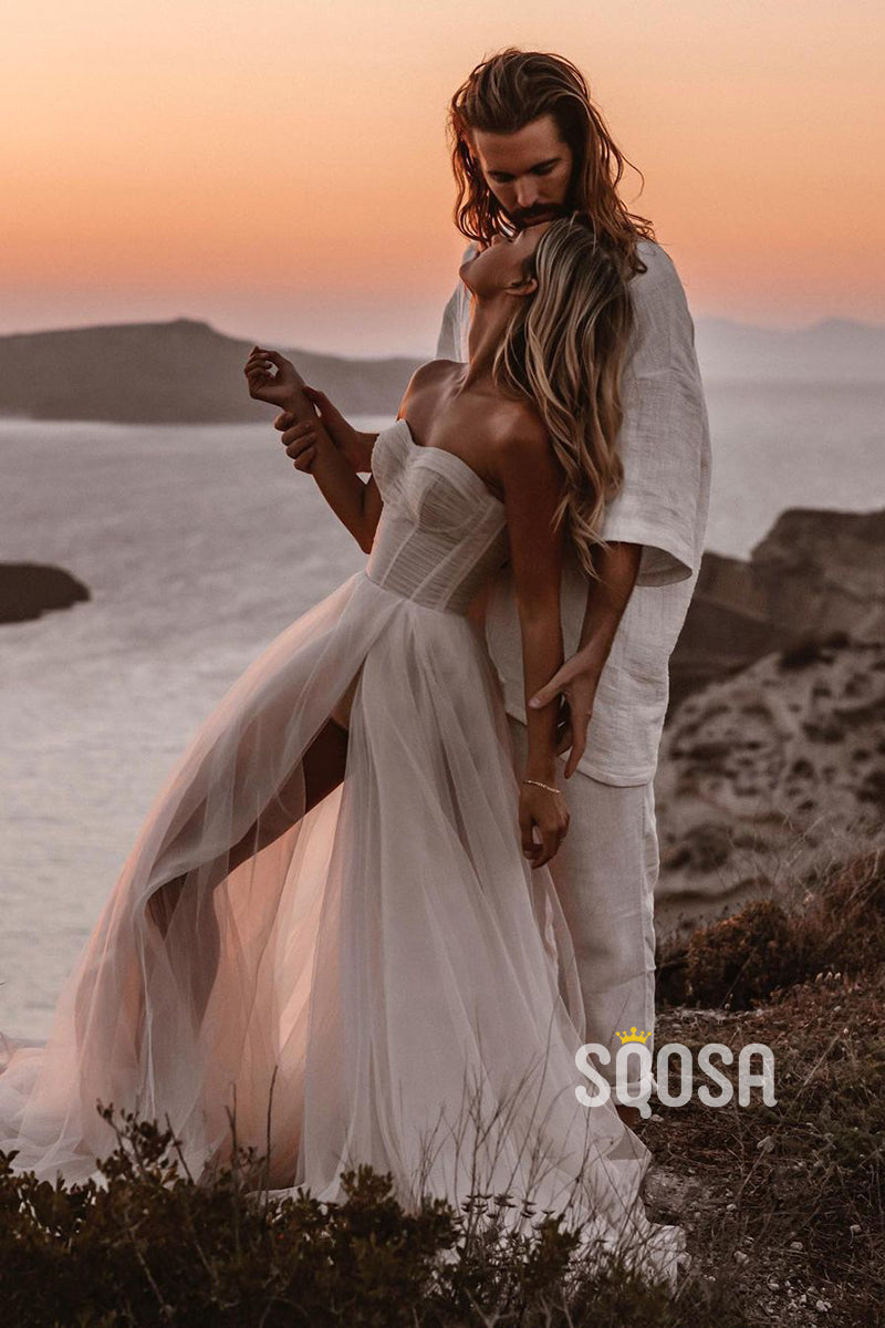 A-line Sweetheart Tulle High Split Bohemian Wedding Dress QW2684|SQOSA