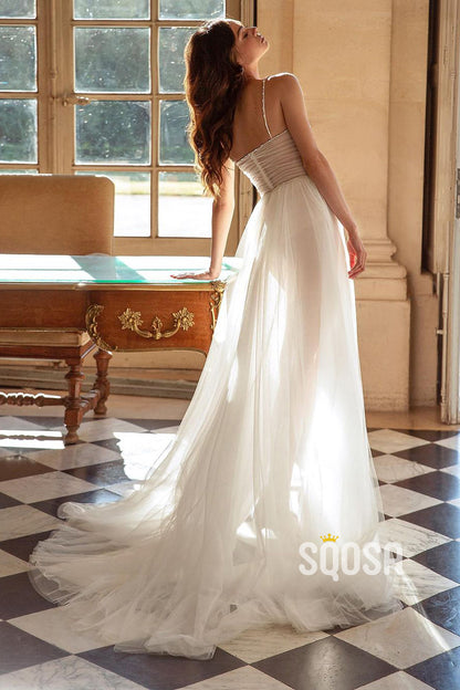 A Line Spaghetti Straps Sweetheart Pleats Bohemian Wedding Dress QW2132