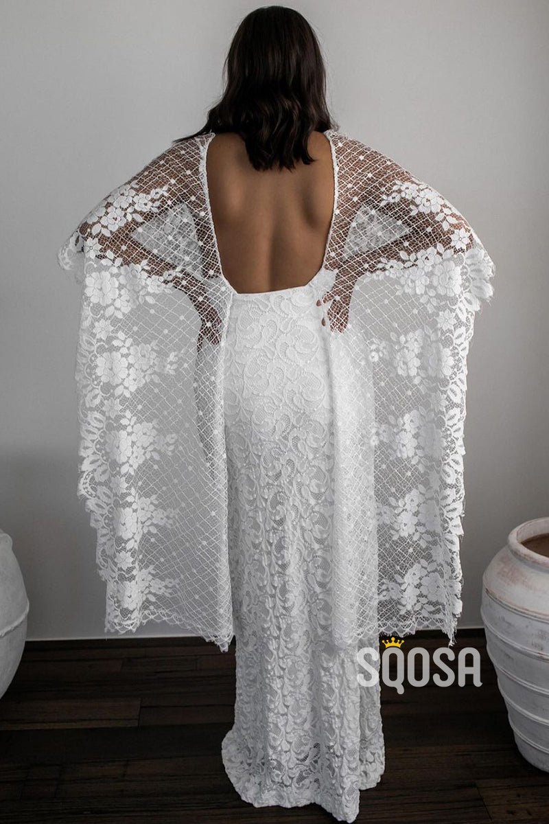 Unique Bat Sleeves V-neck Lace Bohemian Wedding Dress QW2694|SQOSA