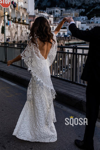 Unique Bat Sleeves V-neck Lace Bohemian Wedding Dress QW2694|SQOSA